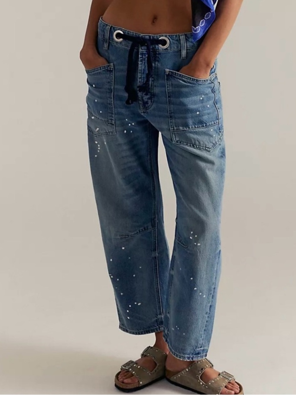 Free People We The Free Moxie Barrel Jeans Blue Paint Splatter Size 28 NWT Boho - Picture 5 of 13